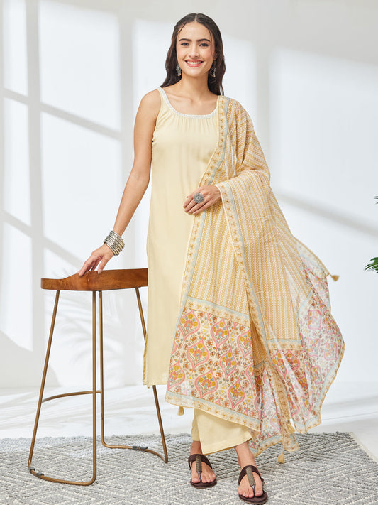 Janasya Women's Cream Rayon Solid Straight Kurta Set with Printed Dupatta