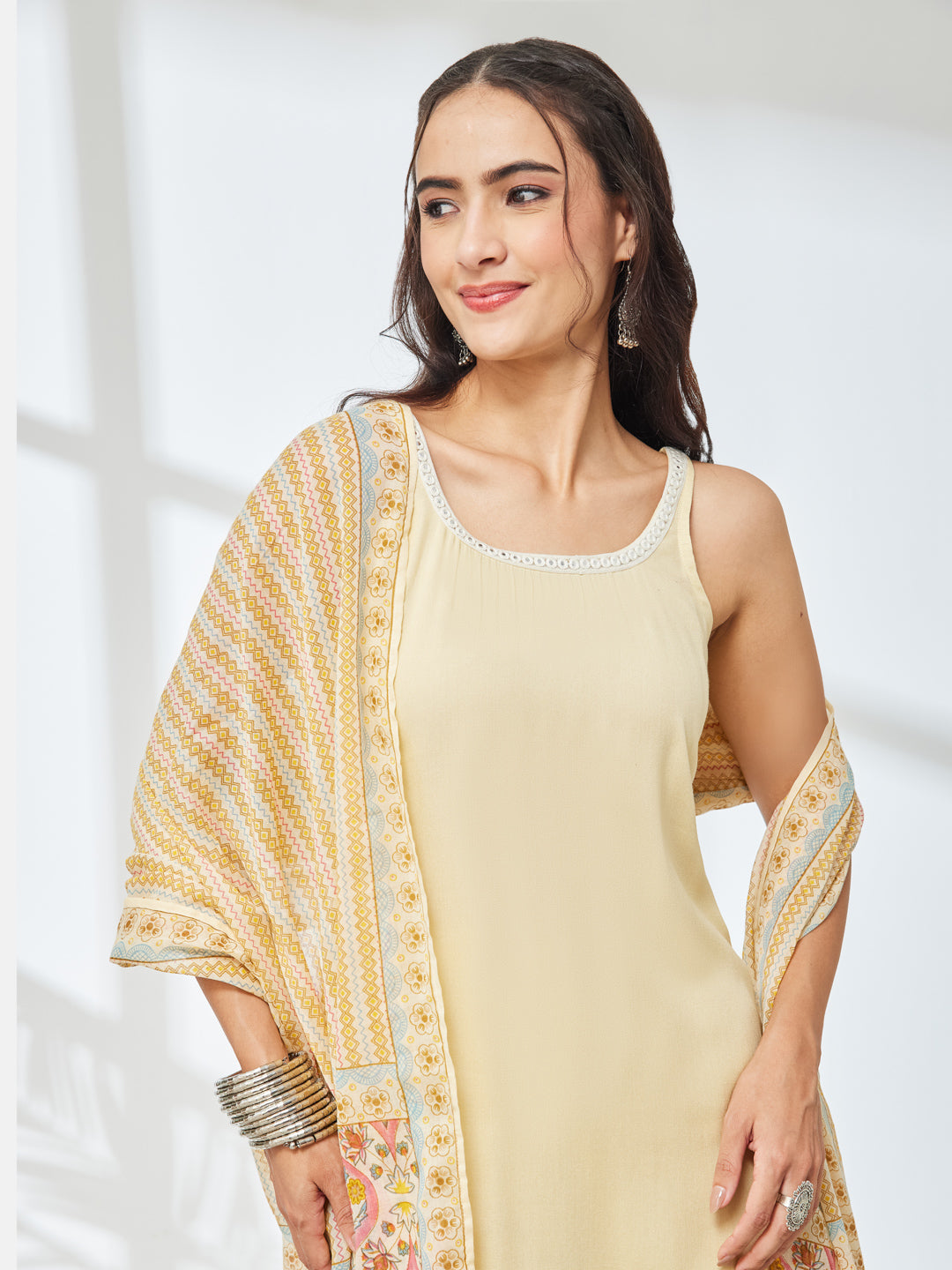 Janasya Women's Cream Rayon Solid Straight Kurta Set with Printed Dupatta