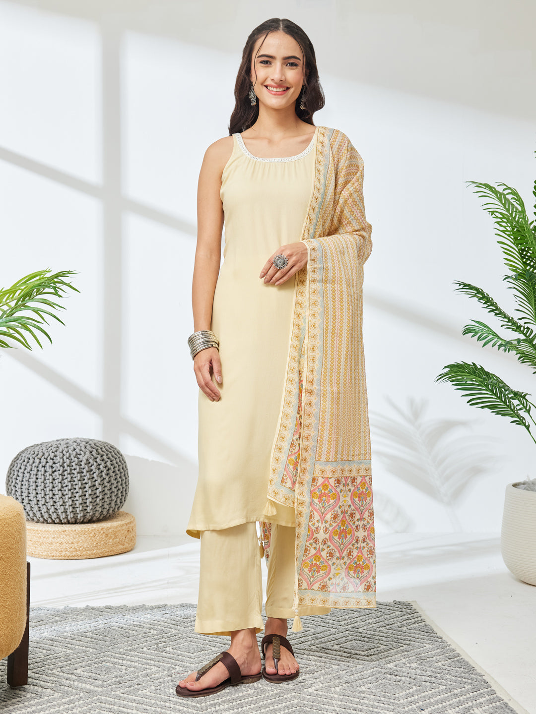 Janasya Women's Cream Rayon Solid Straight Kurta Set with Printed Dupatta