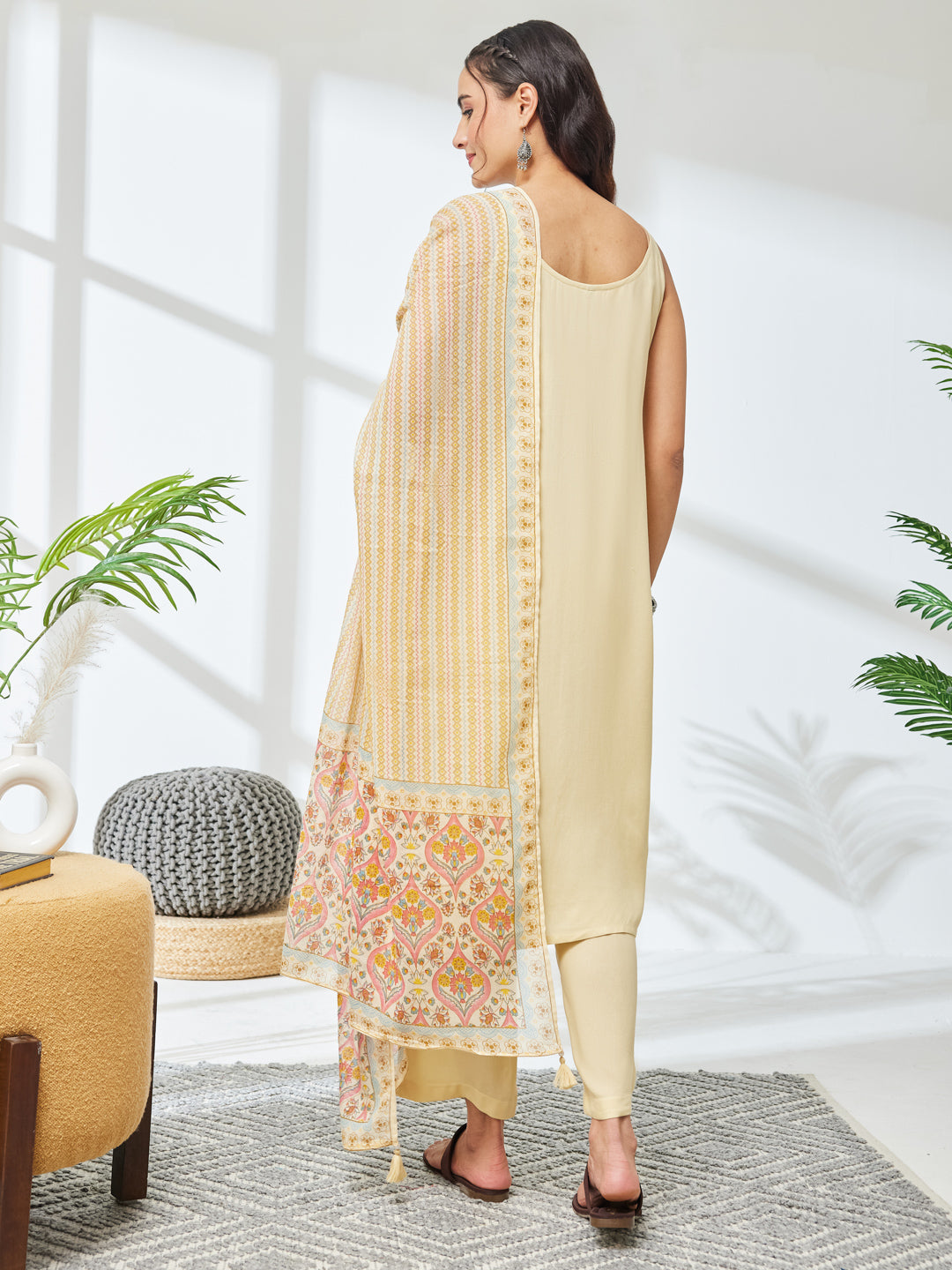 Janasya Women's Cream Rayon Solid Straight Kurta Set with Printed Dupatta