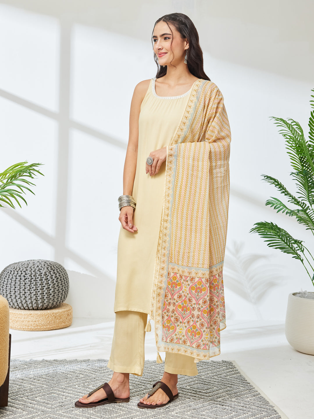 Janasya Women's Cream Rayon Solid Straight Kurta Set with Printed Dupatta