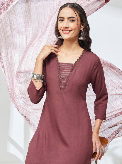 Janasya Women's Brown Rayon Solid Straight Kurta Set with Printed Dupatta