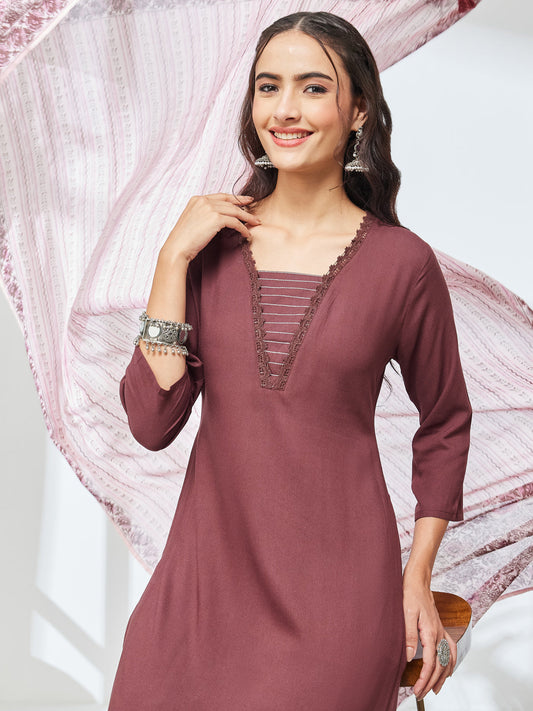 Janasya Women's Brown Rayon Solid Straight Kurta Set with Printed Dupatta