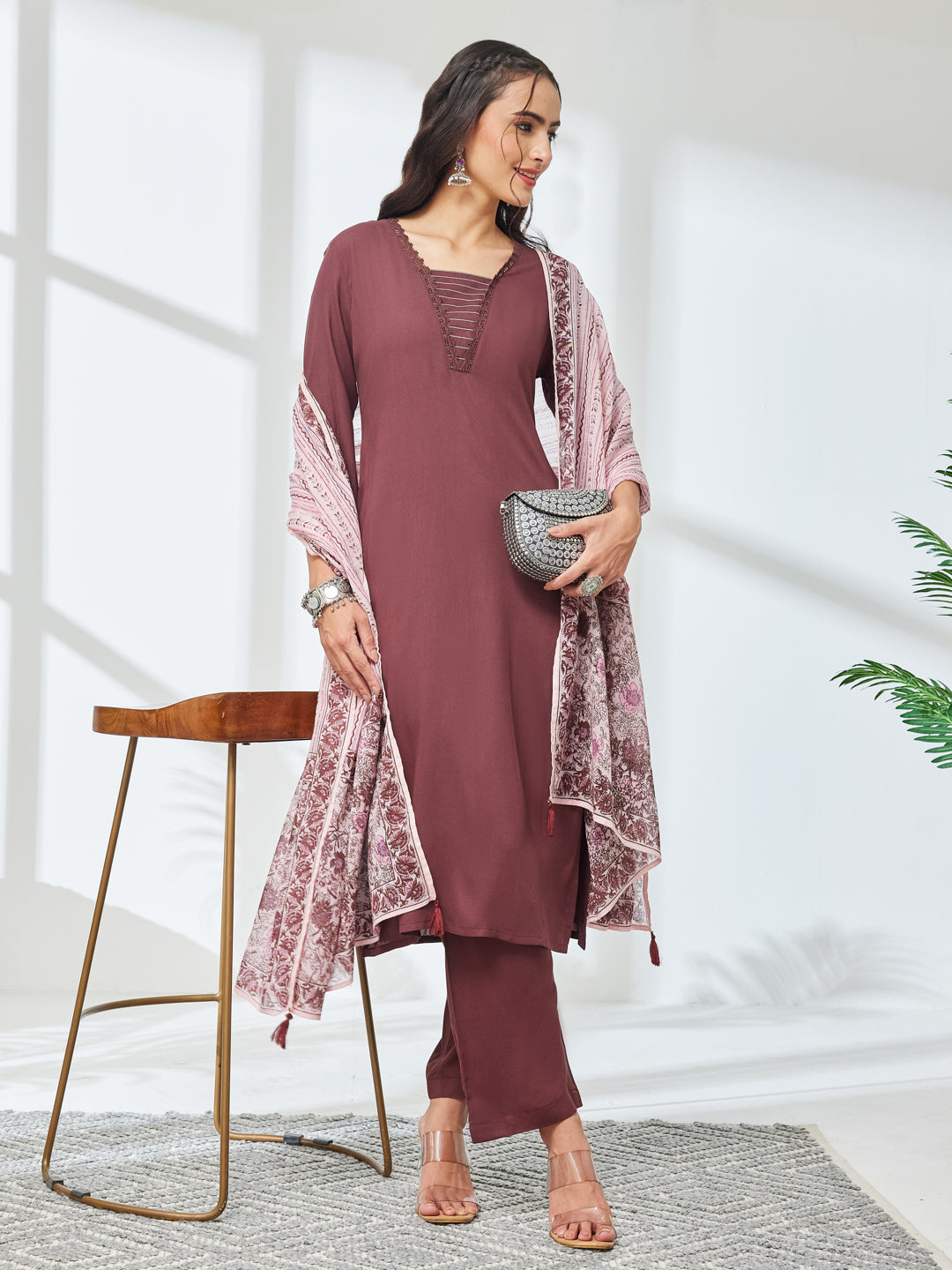 Janasya Women's Brown Rayon Solid Straight Kurta Set with Printed Dupatta