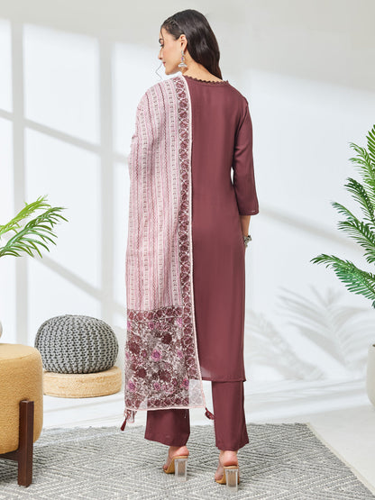 Janasya Women's Brown Rayon Solid Straight Kurta Set with Printed Dupatta