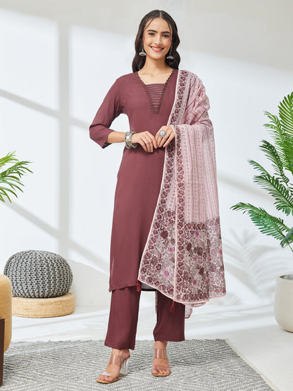 Janasya Women's Brown Rayon Solid Straight Kurta Set with Printed Dupatta