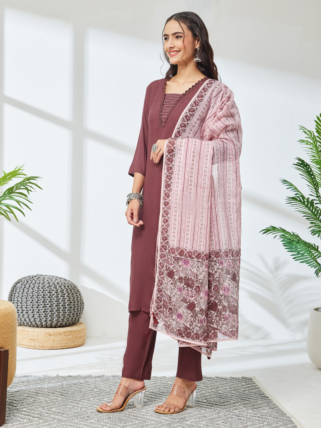 Janasya Women's Brown Rayon Solid Straight Kurta Set with Printed Dupatta