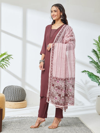 Janasya Women's Brown Rayon Solid Straight Kurta Set with Printed Dupatta