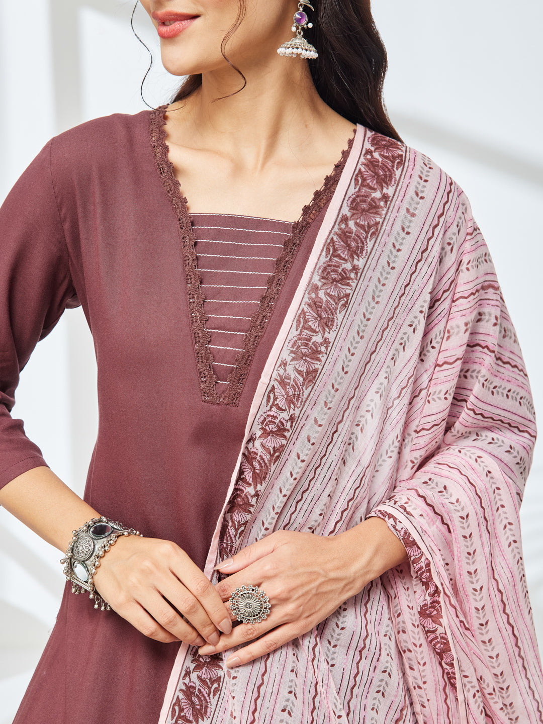Janasya Women's Brown Rayon Solid Straight Kurta Set with Printed Dupatta