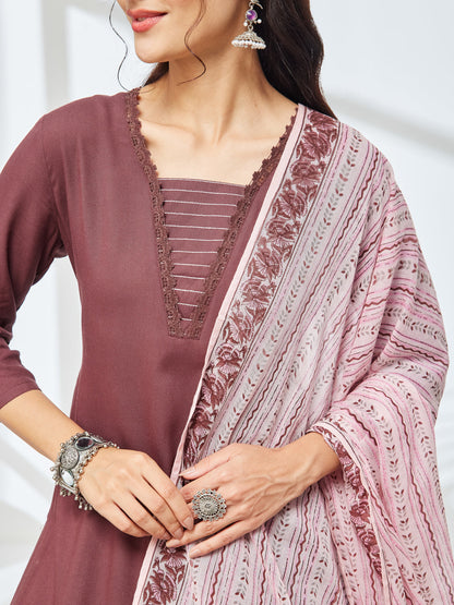 Janasya Women's Brown Rayon Solid Straight Kurta Set with Printed Dupatta