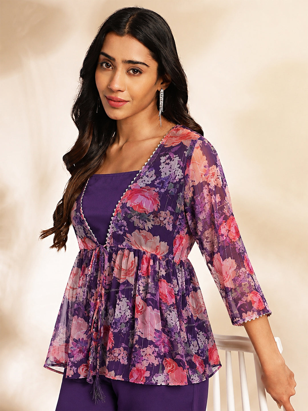 Janasya Women's Purple Chiffon Solid Shoulder Strap Crop Top with Trouser & Floral Printed Shrug