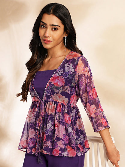Janasya Women's Purple Chiffon Solid Shoulder Strap Crop Top with Trouser & Floral Printed Shrug