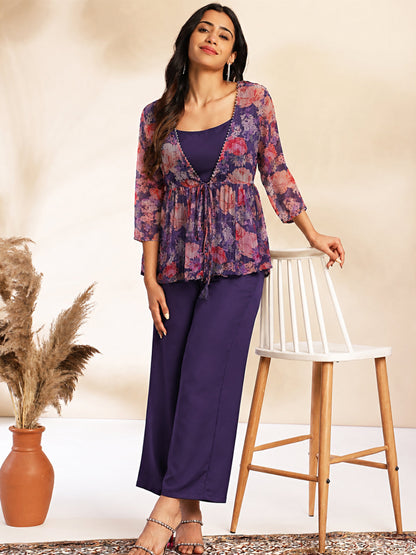 Janasya Women's Purple Chiffon Solid Shoulder Strap Crop Top with Trouser & Floral Printed Shrug