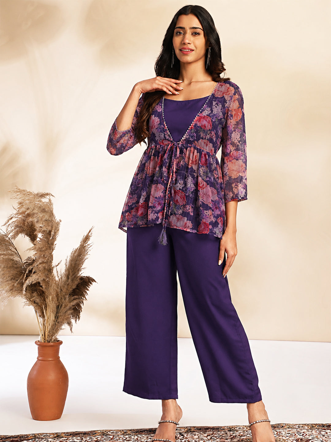 Janasya Women's Purple Chiffon Solid Shoulder Strap Crop Top with Trouser & Floral Printed Shrug
