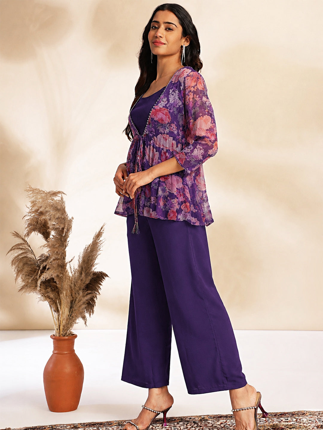 Janasya Women's Purple Chiffon Solid Shoulder Strap Crop Top with Trouser & Floral Printed Shrug