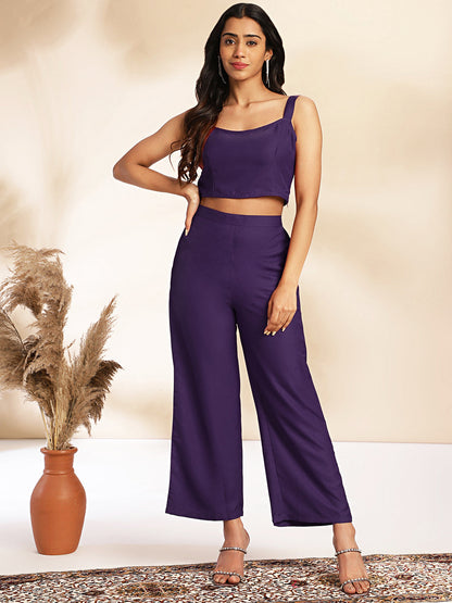 Janasya Women's Purple Chiffon Solid Shoulder Strap Crop Top with Trouser & Floral Printed Shrug