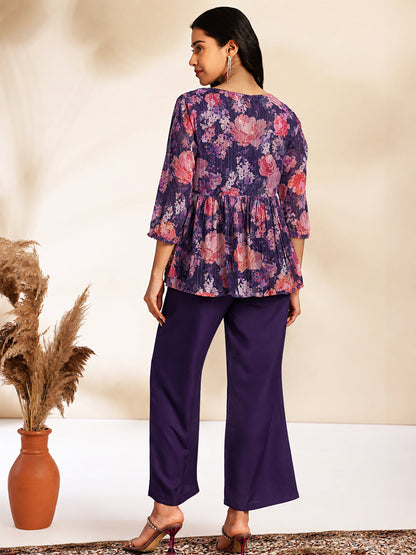 Janasya Women's Purple Chiffon Solid Shoulder Strap Crop Top with Trouser & Floral Printed Shrug