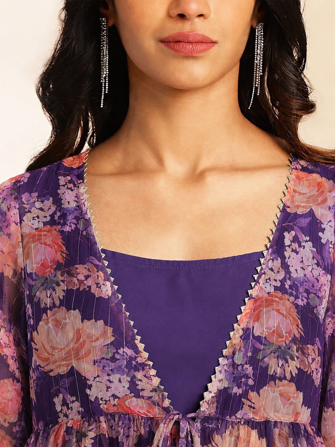 Janasya Women's Purple Chiffon Solid Shoulder Strap Crop Top with Trouser & Floral Printed Shrug