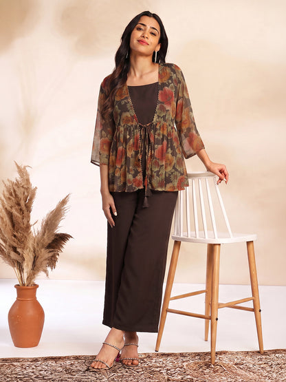 Janasya Women's Brown Chiffon Solid Shoulder Strap Crop Top with Trouser & Floral Printed Shrug