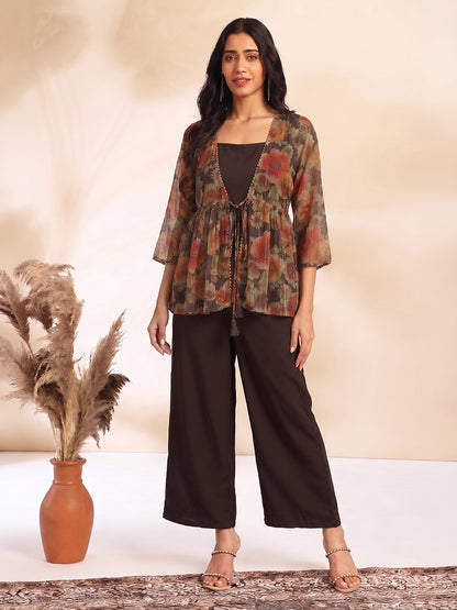 Janasya Women's Brown Chiffon Solid Shoulder Strap Crop Top with Trouser & Floral Printed Shrug