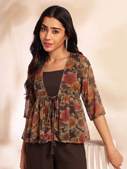 Janasya Women's Brown Chiffon Solid Shoulder Strap Crop Top with Trouser & Floral Printed Shrug