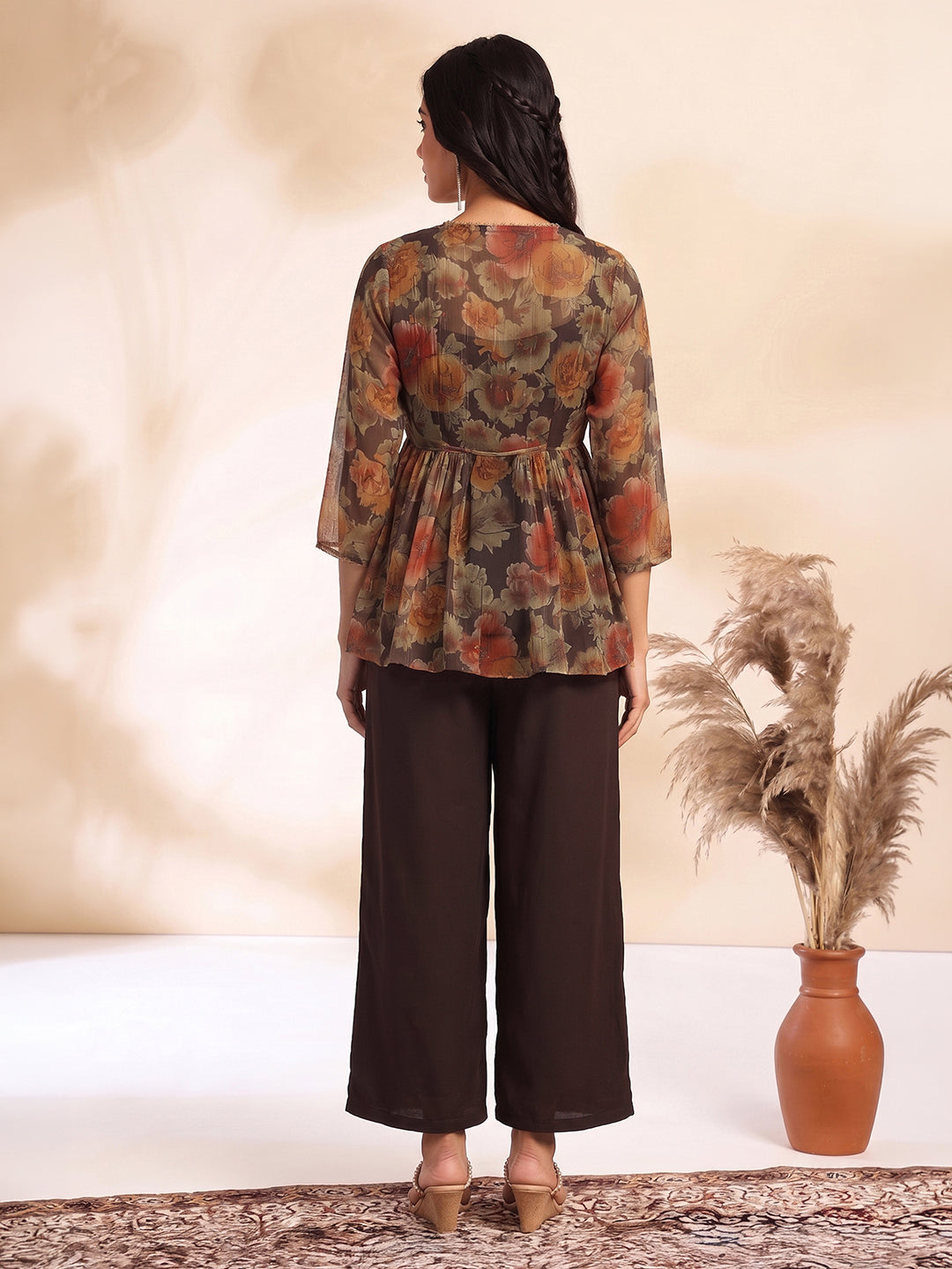 Janasya Women's Brown Chiffon Solid Shoulder Strap Crop Top with Trouser & Floral Printed Shrug