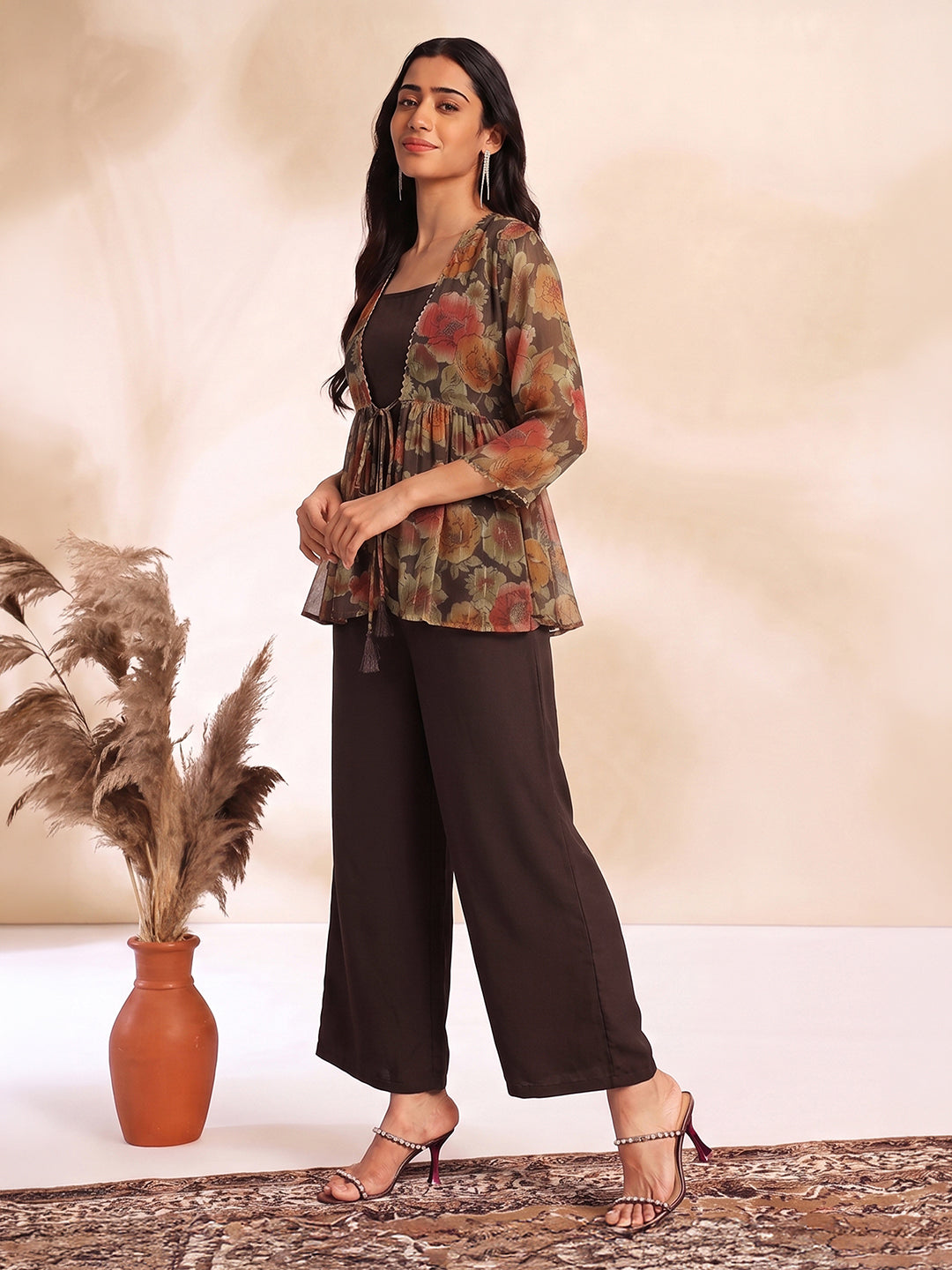 Janasya Women's Brown Chiffon Solid Shoulder Strap Crop Top with Trouser & Floral Printed Shrug
