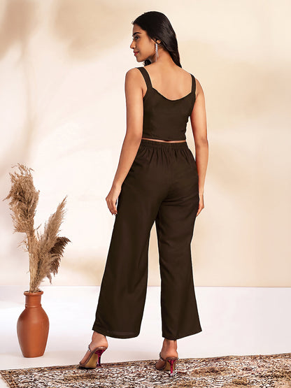 Janasya Women's Brown Chiffon Solid Shoulder Strap Crop Top with Trouser & Floral Printed Shrug