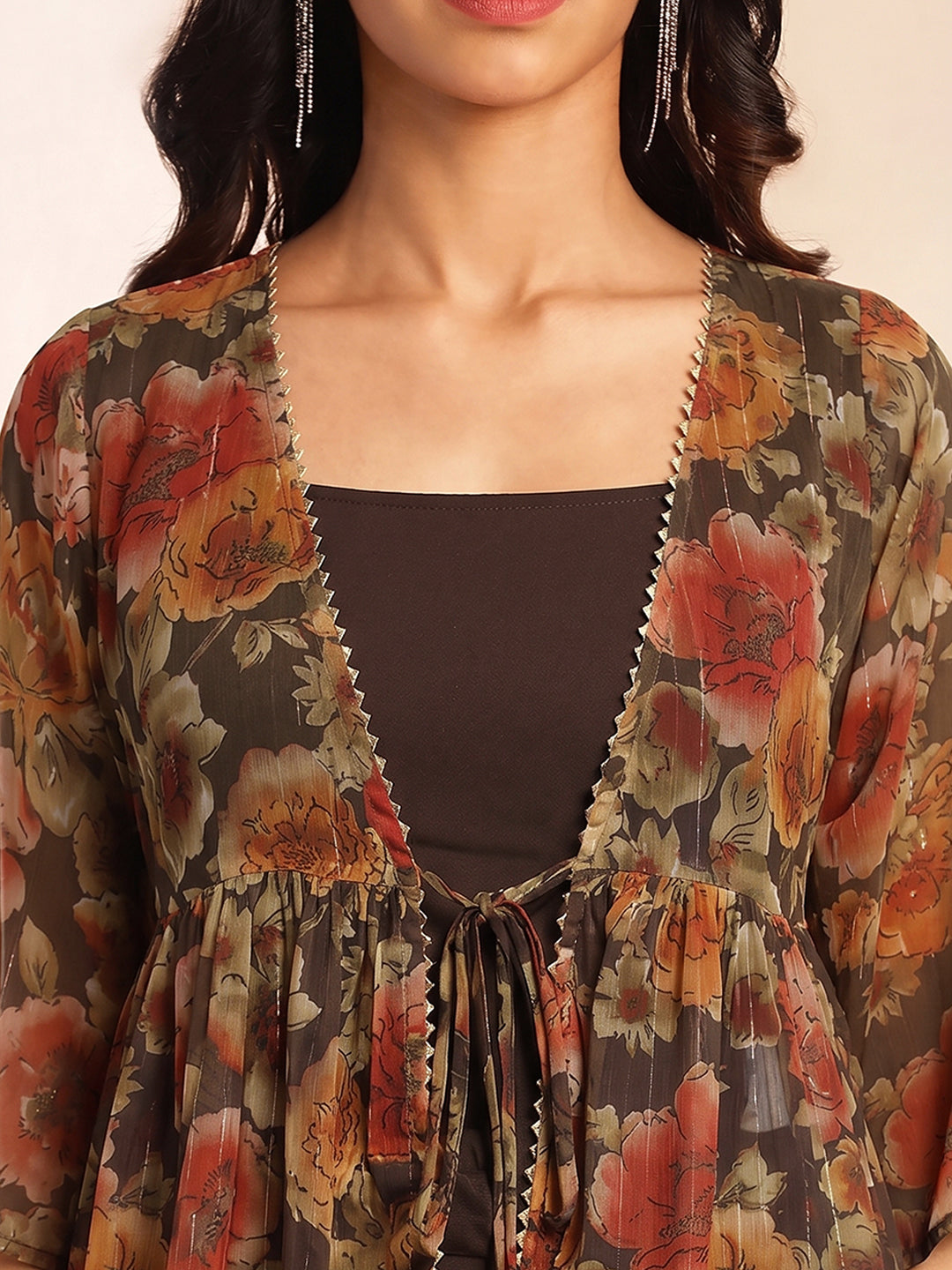 Janasya Women's Brown Chiffon Solid Shoulder Strap Crop Top with Trouser & Floral Printed Shrug