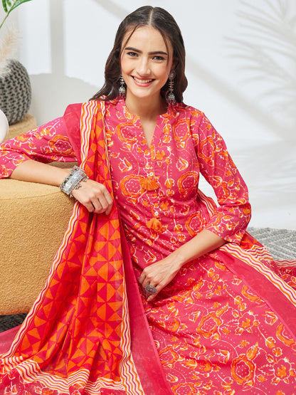 Janasya Women's Pink Pure Cotton Floral Printed Straight Kurta Set
