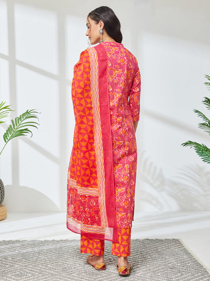 Janasya Women's Pink Pure Cotton Floral Printed Straight Kurta Set