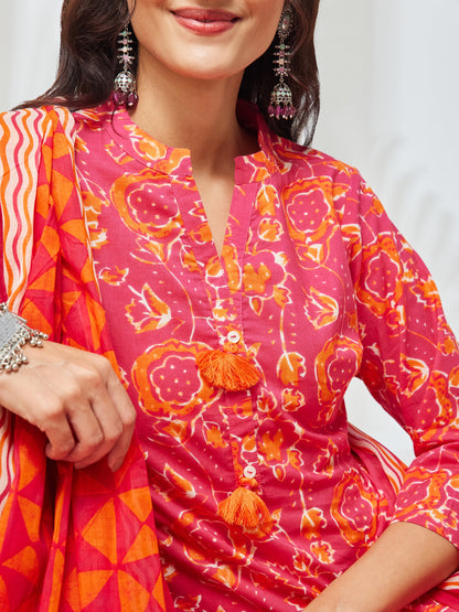 Janasya Women's Pink Pure Cotton Floral Printed Straight Kurta Set
