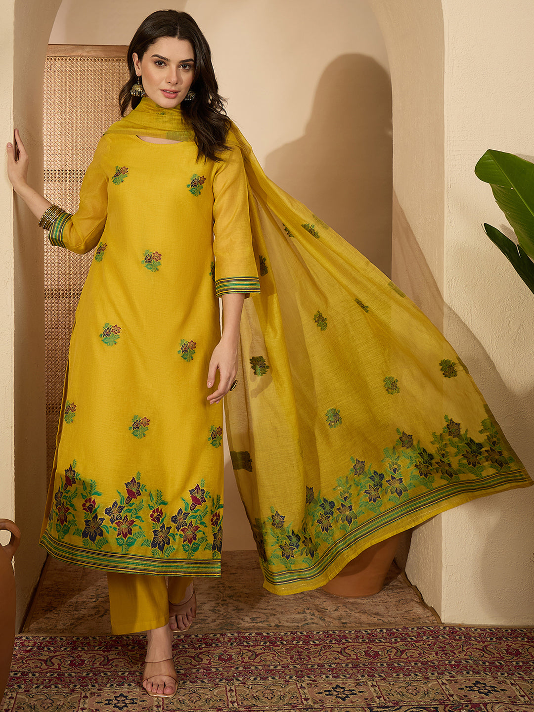 Janasya Women's Yellow Chanderi Cotton Floral Jacquard Woven Straight Kurta Set