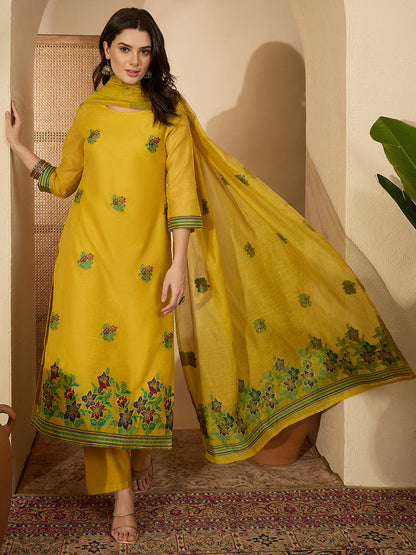 Janasya Women's Yellow Chanderi Cotton Floral Jacquard Woven Straight Kurta Set
