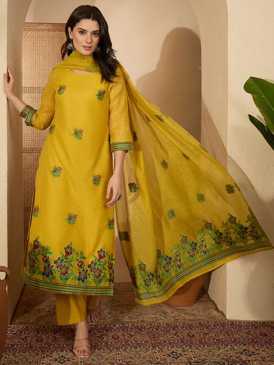 Janasya Women's Yellow Chanderi Cotton Floral Jacquard Woven Straight Kurta Set