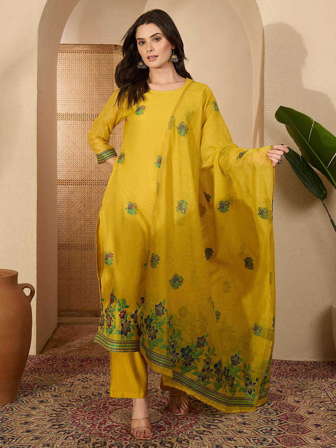Janasya Women's Yellow Chanderi Cotton Floral Jacquard Woven Straight Kurta Set