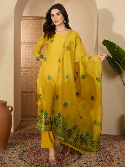 Janasya Women's Yellow Chanderi Cotton Floral Jacquard Woven Straight Kurta Set