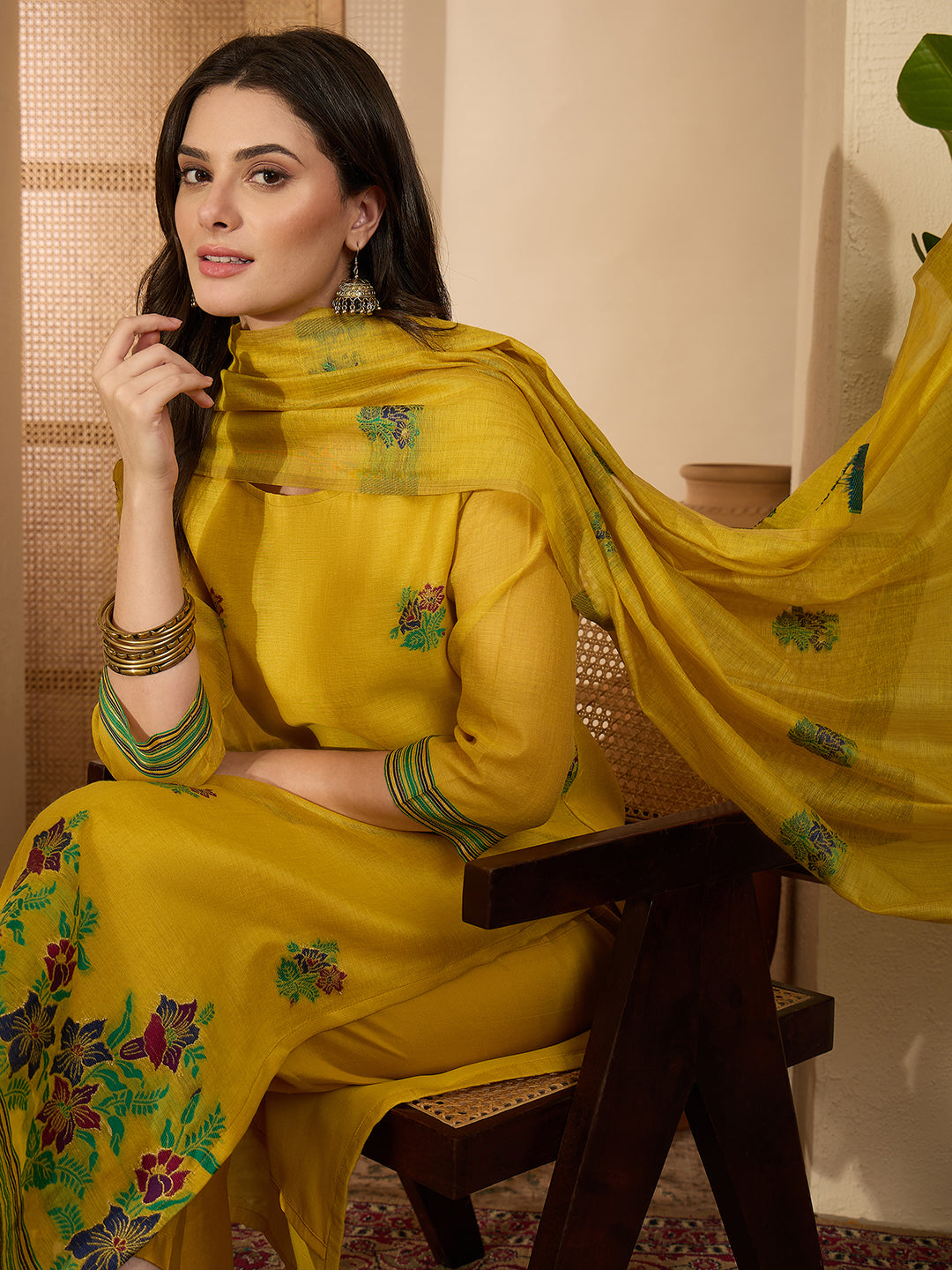 Janasya Women's Yellow Chanderi Cotton Floral Jacquard Woven Straight Kurta Set
