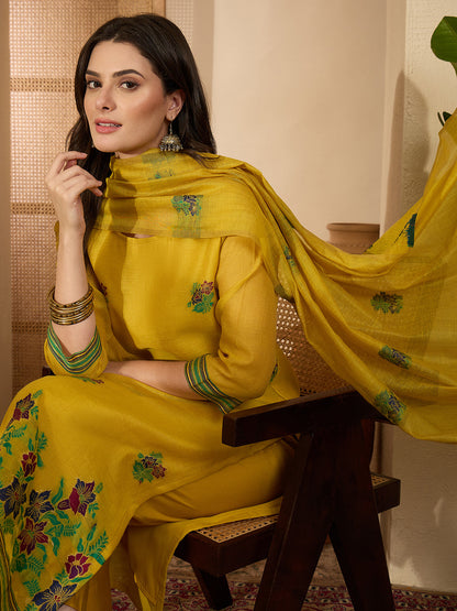 Janasya Women's Yellow Chanderi Cotton Floral Jacquard Woven Straight Kurta Set