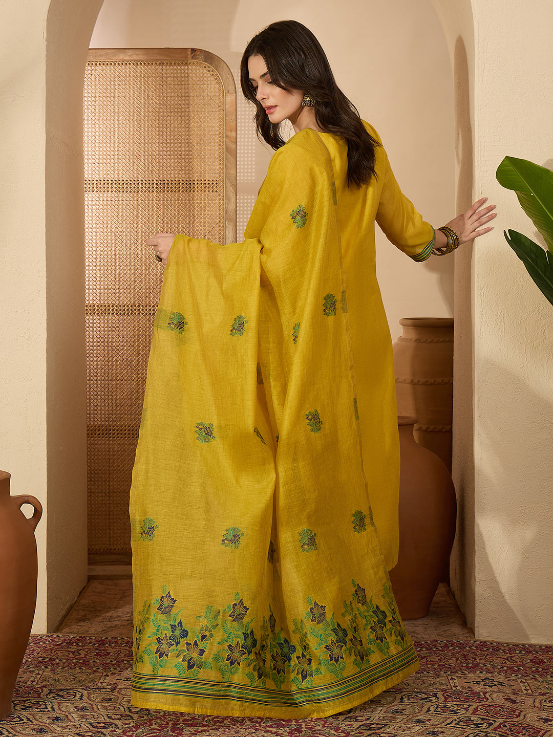Janasya Women's Yellow Chanderi Cotton Floral Jacquard Woven Straight Kurta Set