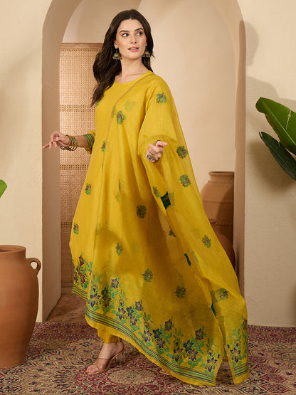 Janasya Women's Yellow Chanderi Cotton Floral Jacquard Woven Straight Kurta Set