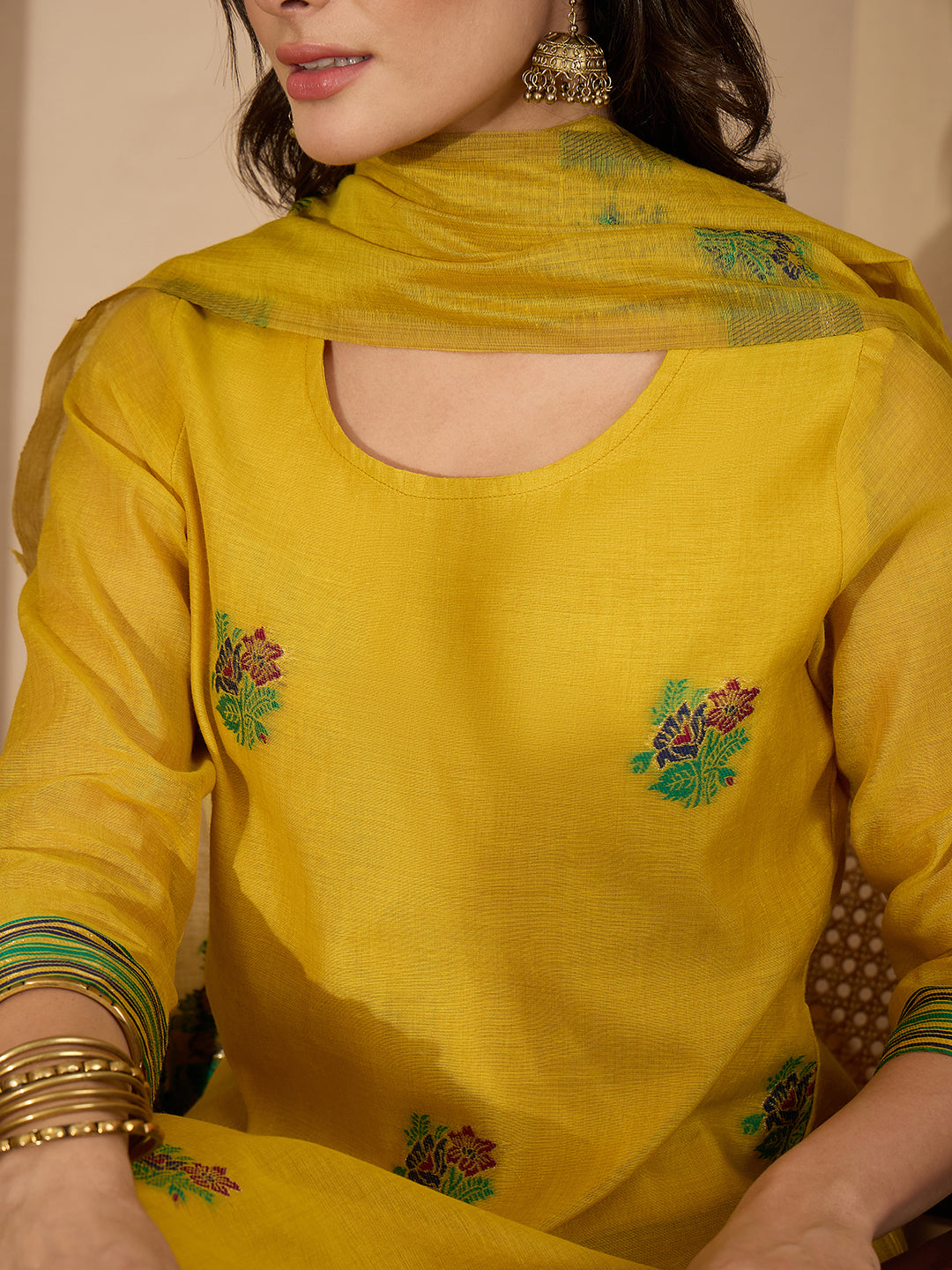 Janasya Women's Yellow Chanderi Cotton Floral Jacquard Woven Straight Kurta Set