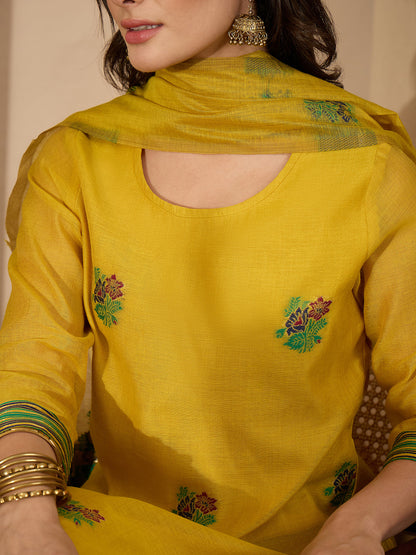 Janasya Women's Yellow Chanderi Cotton Floral Jacquard Woven Straight Kurta Set