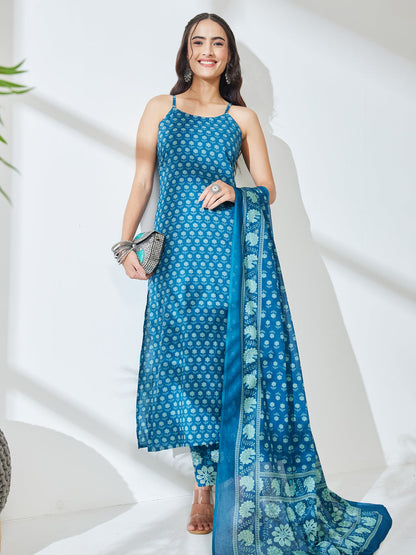 Janasya Women's Teal Blue Pure Cotton Floral Printed Straight Kurta Set