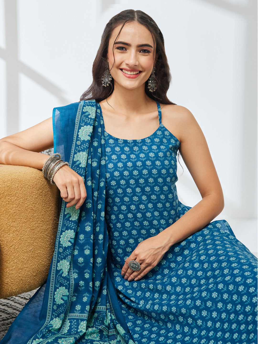 Janasya Women's Teal Blue Pure Cotton Floral Printed Straight Kurta Set