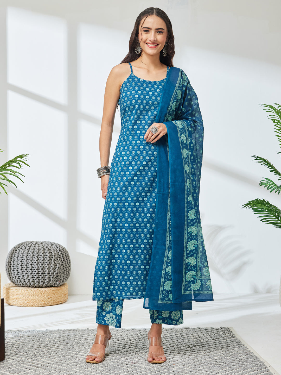 Janasya Women's Teal Blue Pure Cotton Floral Printed Straight Kurta Set