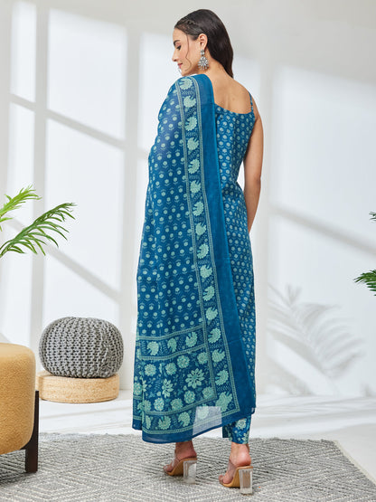 Janasya Women's Teal Blue Pure Cotton Floral Printed Straight Kurta Set