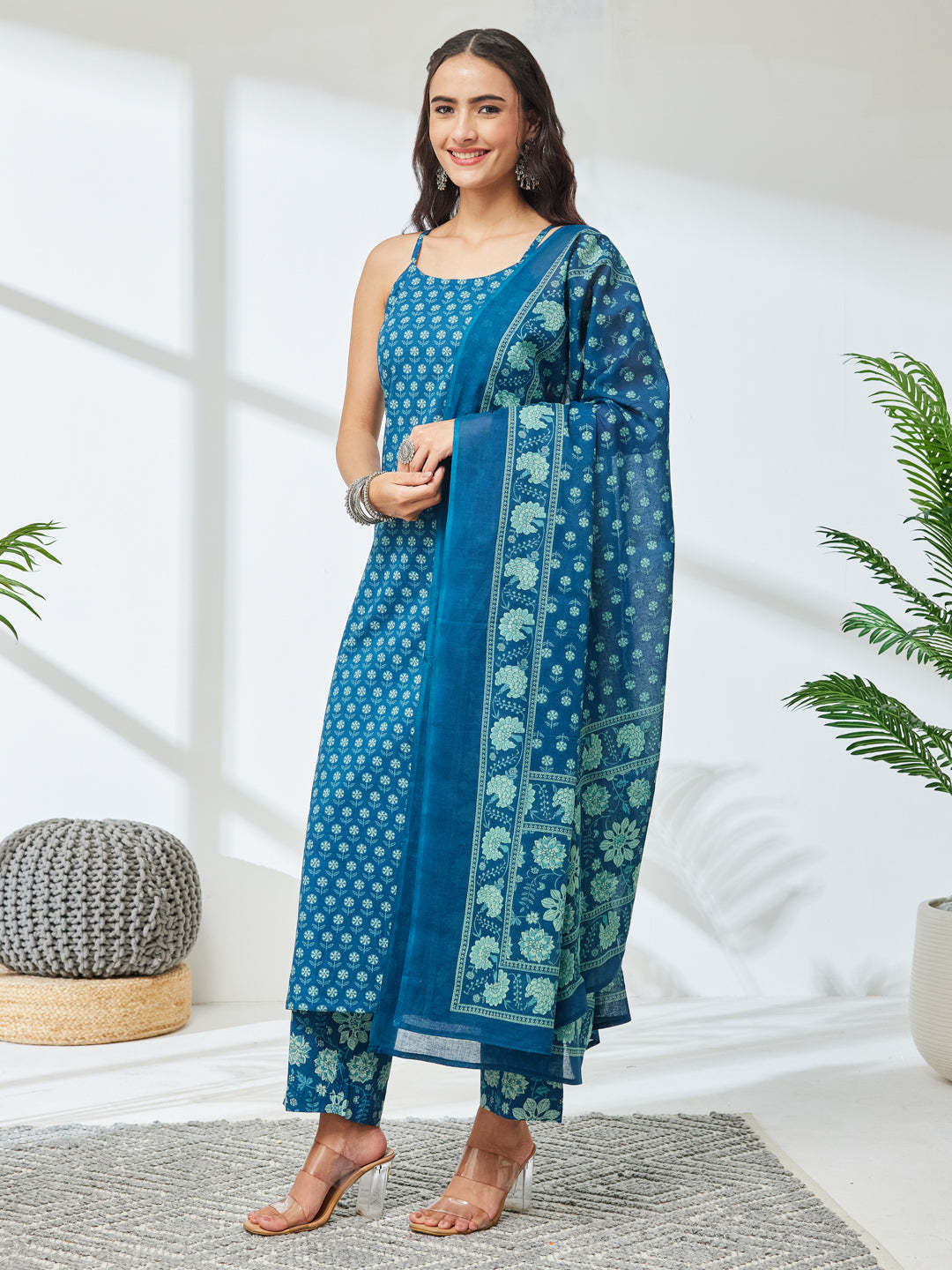 Janasya Women's Teal Blue Pure Cotton Floral Printed Straight Kurta Set