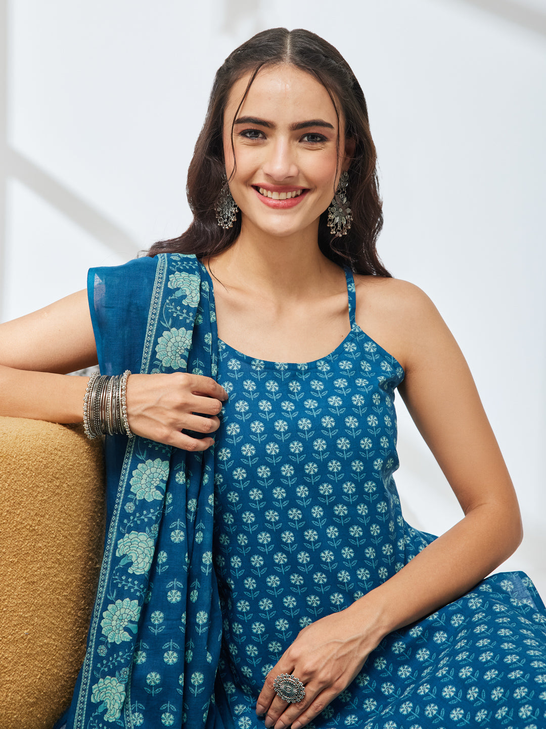 Janasya Women's Teal Blue Pure Cotton Floral Printed Straight Kurta Set