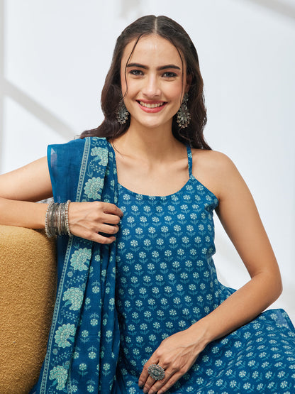 Janasya Women's Teal Blue Pure Cotton Floral Printed Straight Kurta Set